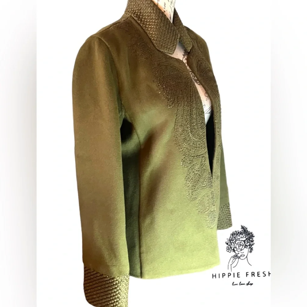 Linda Allard Ellen Tracy 100% Wool Open Front Silk Lined Jacket Embellished 6 - Picture 3 of 6